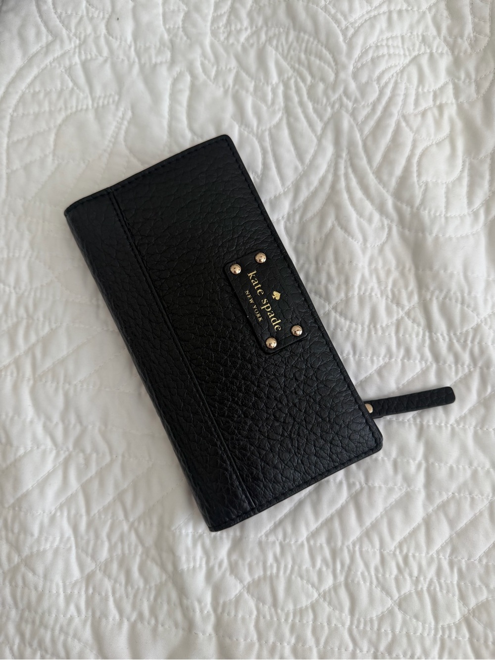 kate spade Black Pebbled Leather Zip Wallet with Gold Accent